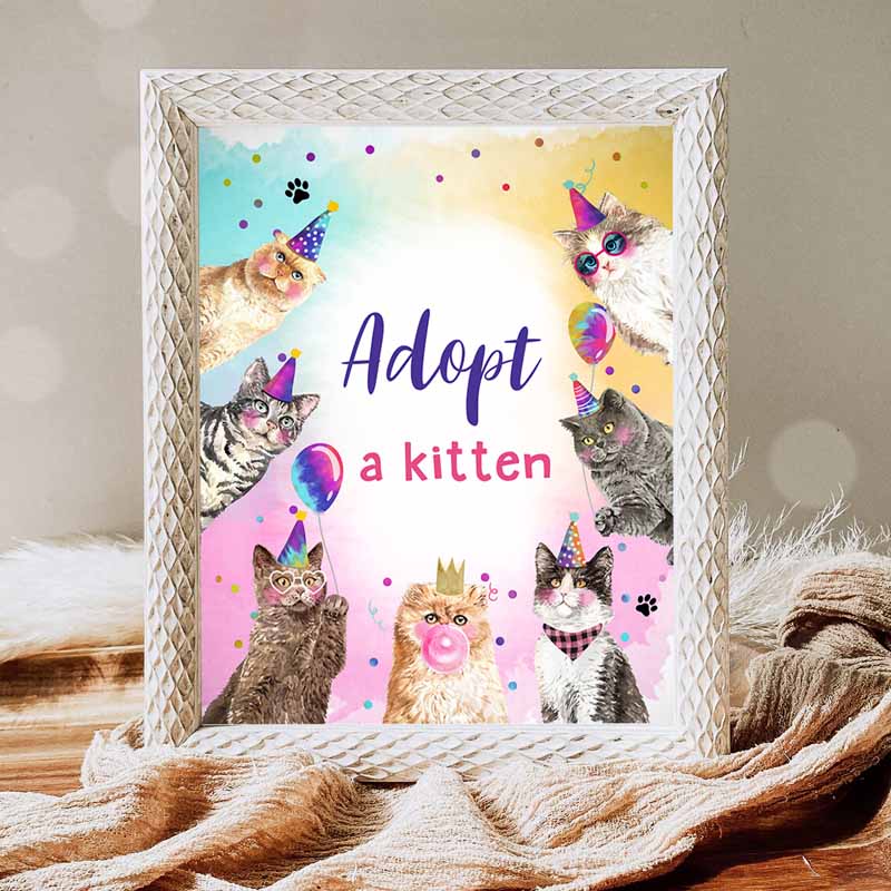 Adopt a Kitten Kids Birthday, Table Decor Cat Party, Kitty Kids Birthday, Kitten Adoption Sign, Pawty Decor Animals Sign, RINTABLE