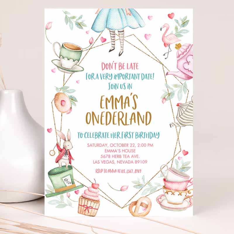 Alice in Wonderland Invitation, Onederland Girl First Kids Birthday, Invite Mad Hatter Tea