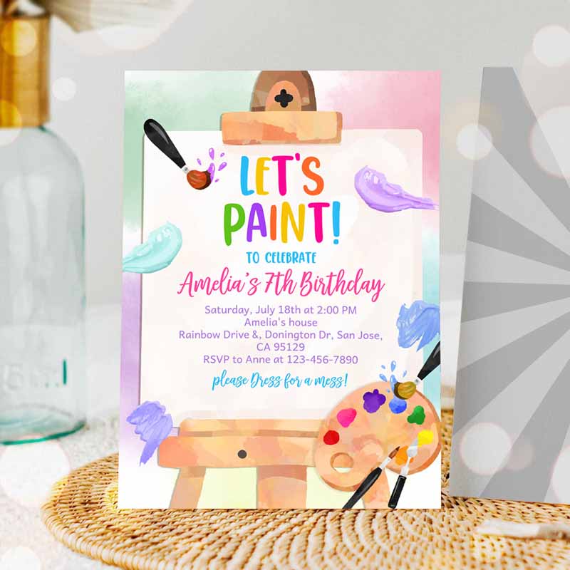 Art Kids Birthday Invitation, Paint Colorful Paintingeme Artist Brushes Rainbow Easel Watercolor