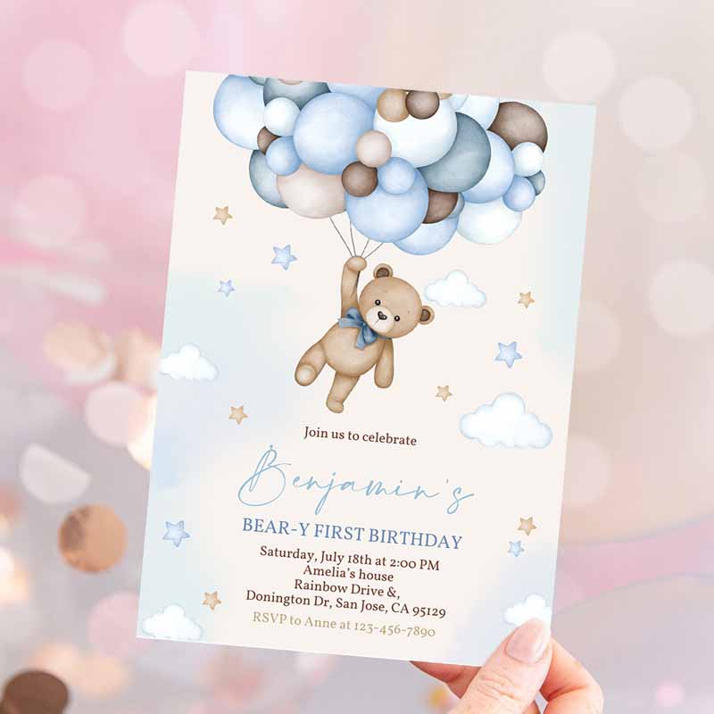 Bear Kids Birthday Invitation, Beary First Kids Birthday Party, Boho Boy Teddy Bear Cute Blue Pampas Grass Balloons