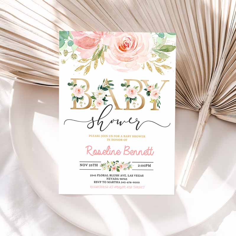 Blush Pink Floral Baby Shower Invitation, Baby Shower Invite, Sweet Baby Girl Party