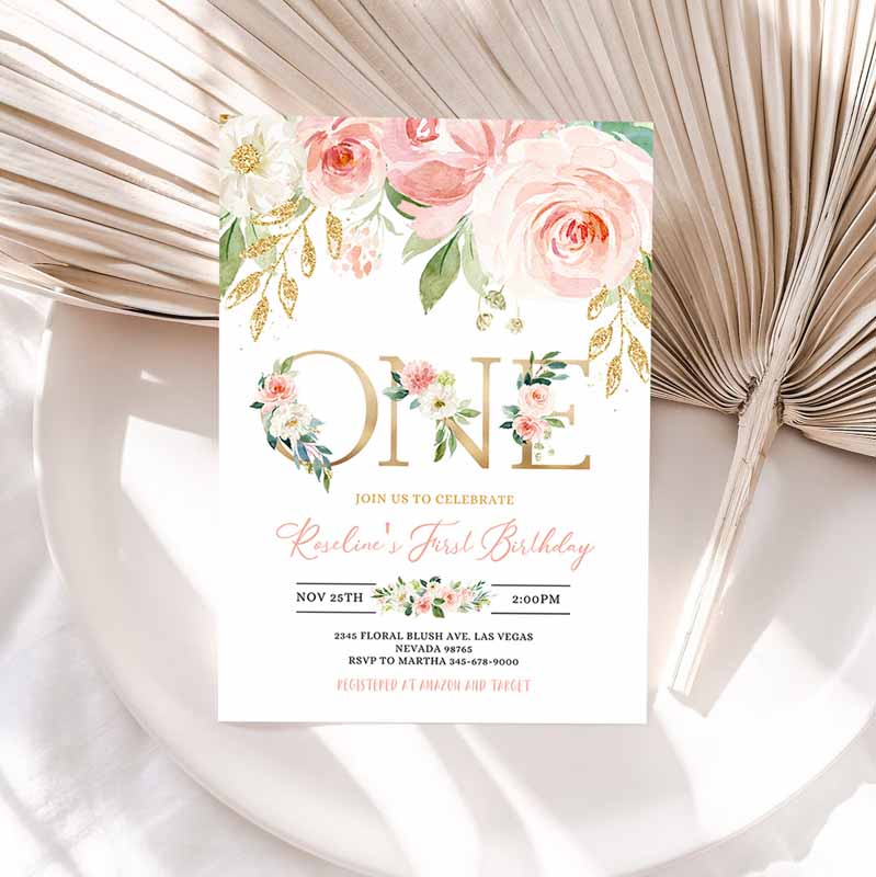 Blush Pink Floral First Kids Birthday, invite, Invite, Boho Girl Party