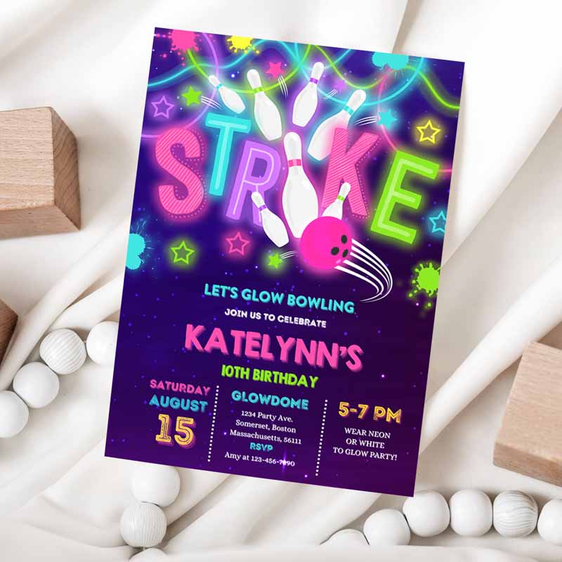 Bowling Invitation, Glow Bowling Kids Birthday Invitation, Neon Bowling Invite Cosmic Glow Bowling Party, Girl Bowling