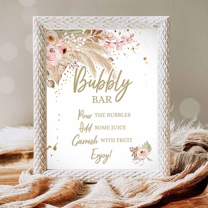 Bubbly Bar Sign, Pampas Grass Bridal Shower Sign, Champagne Bar Boho Bohemian Tropical Desert Bar Sign, Bubbly