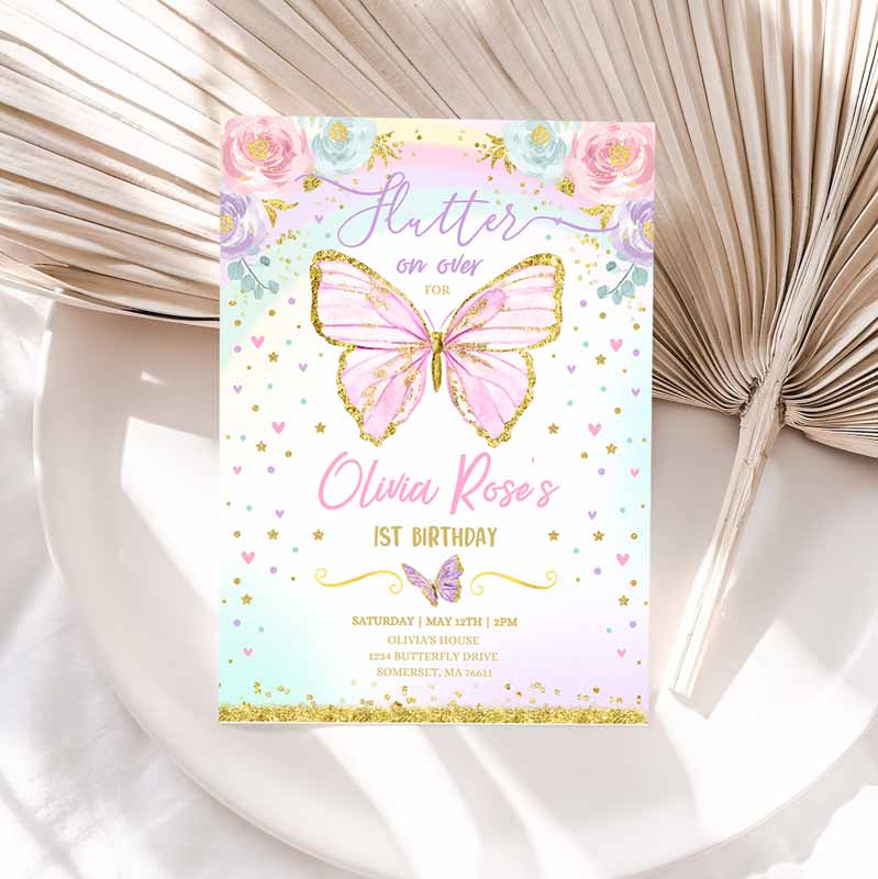 Butterfly Kids Birthday Invitation, Butterfly Invitation, Whimsical Floral Butterfly Floral Butterfly Garden