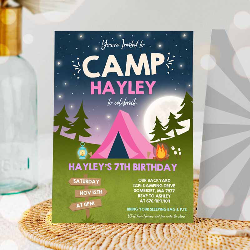 Camping Kids Birthday Invitation, Camping Party Invitation, Camp Out Under Thears Girly Glamping Party