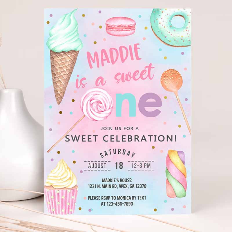 Candy shes a sweet one birthday Invitation, girl birthday invite, candy sweets donut ice cream