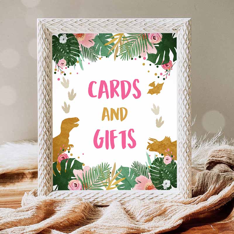 Cards And Gifts Sign, Table Decor Dinosaur Sign, Dino Gift Table Prehistoric Party, Girl Pink Gold Gift Table Jungle Leaves Sign