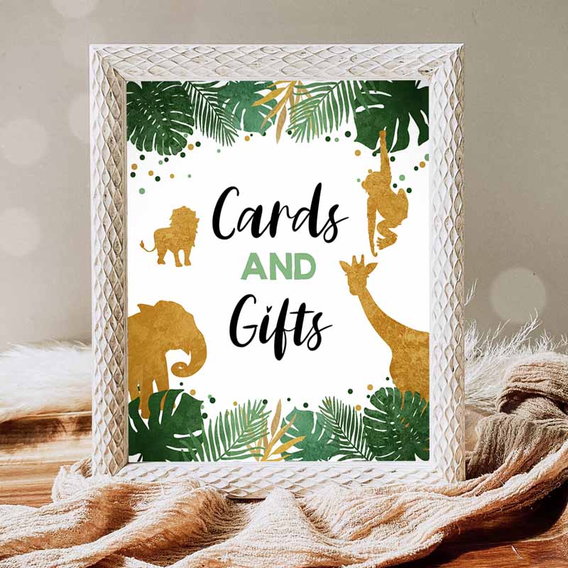 Cards And Gifts Sign, Table Decor Wild One Kids Birthday, Gift Table Black and Gold Animals Two Wild Zoo Party, Jungle