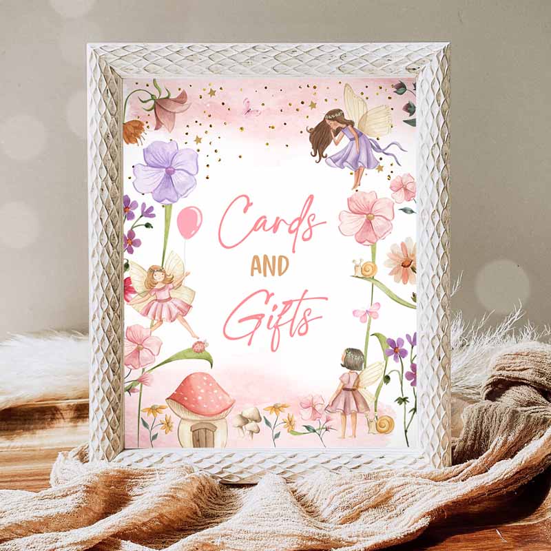 Cards and Gifts Sign, Fairy Kids Birthday, Gifts Table Decor Magical Fairy Garden Tea Party, Decor Girl Table Signs