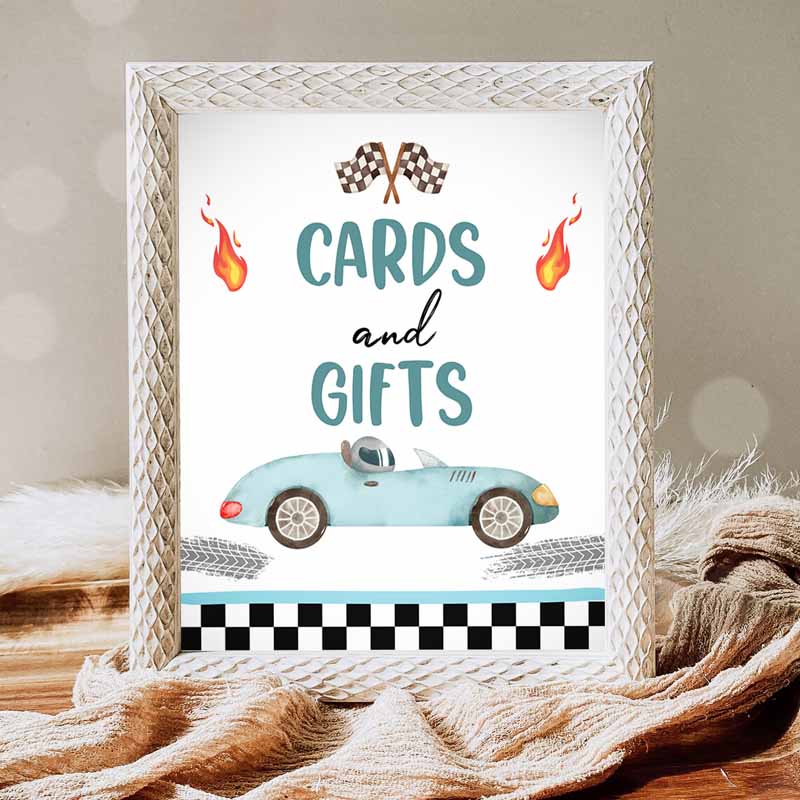 Cards and Gifts Sign, Race Car Kids Birthday Party, Two Fast Kids Birthday, Curious Race Car Decor Racing Blue Boy