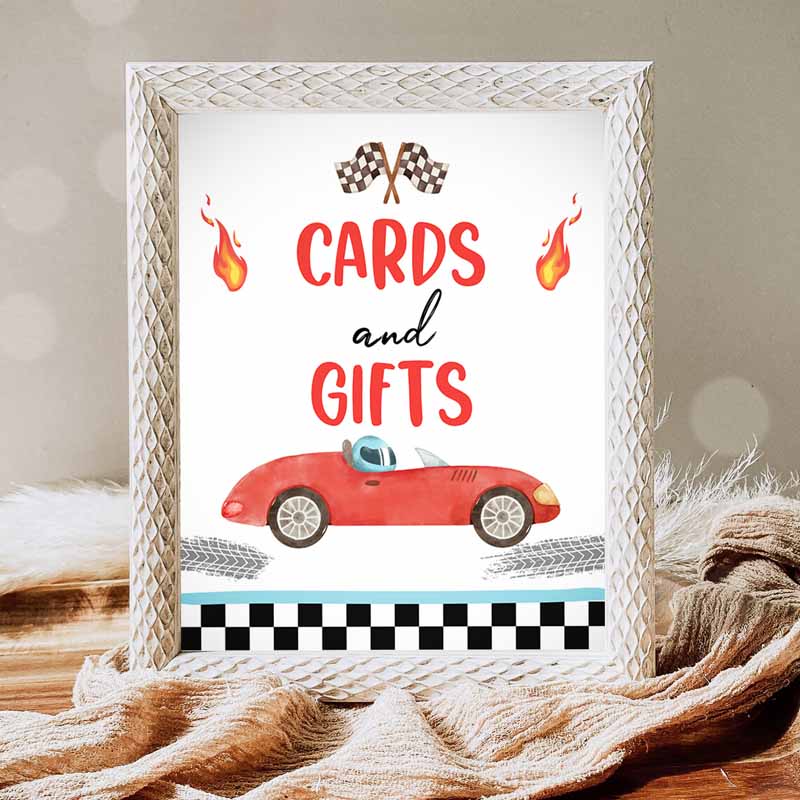 Cards and Gifts Sign, Race Car Kids Birthday Party, Two Fast Kids Birthday, Curious Race Car Decor Racing Red Boy