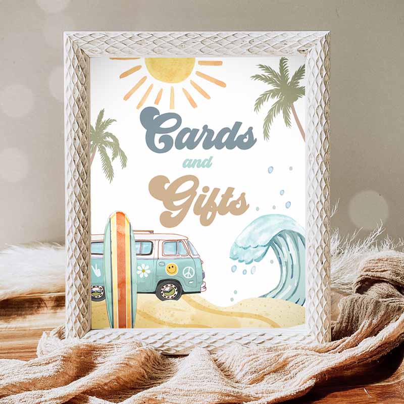 Cards and Gifts Sign, Surf Kids Birthday Party, Retroe Big One Wave Beach Party, Decor Boho Surfboard Van Gift Table