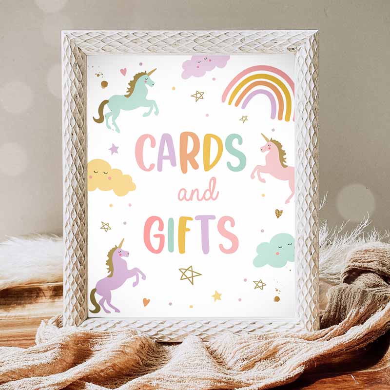 Cards and Gifts Sign, Unicorn Kids Birthday Party, Unicorn Party, Decor Rainbow Pastel Unicorn Girl