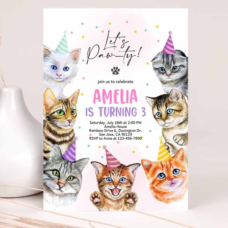 Cat Invitation, Cat Kids Birthday, Invite Kitty Cat Kids Birthday Party, Animal Let's Pawty Are You Kitten Me Right Meow