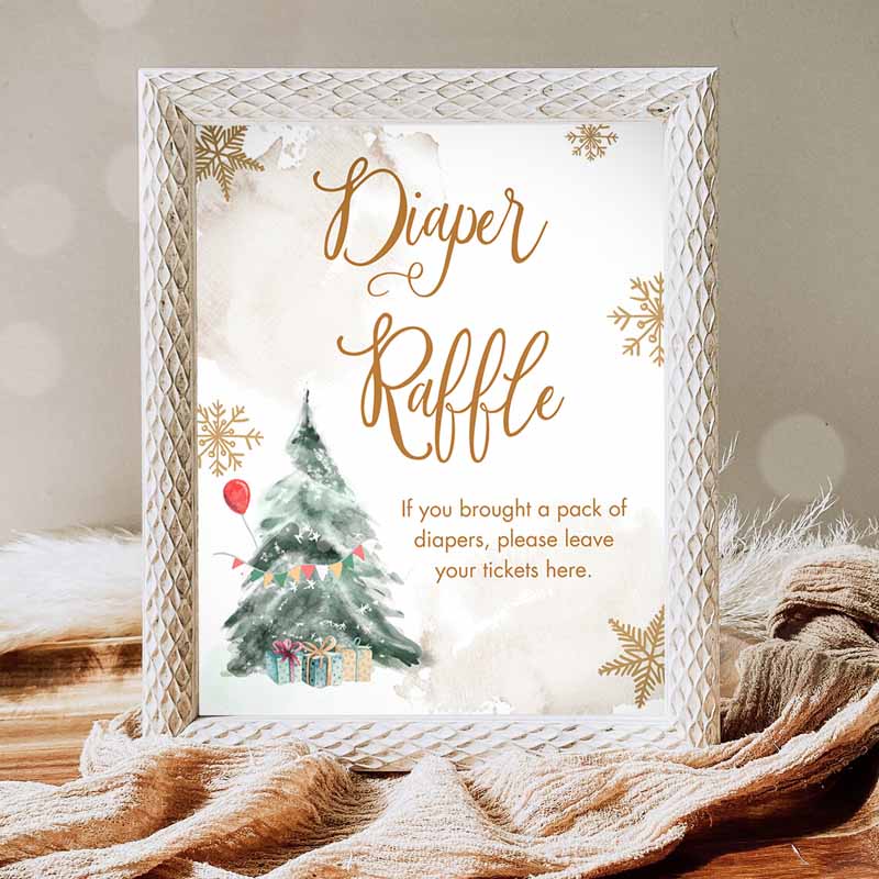 Diaper Raffle Sign, Winter Tree Watercolor Snowflake Baby Shower Sign, Decor Diaper Table Girl Cold Outside Shower