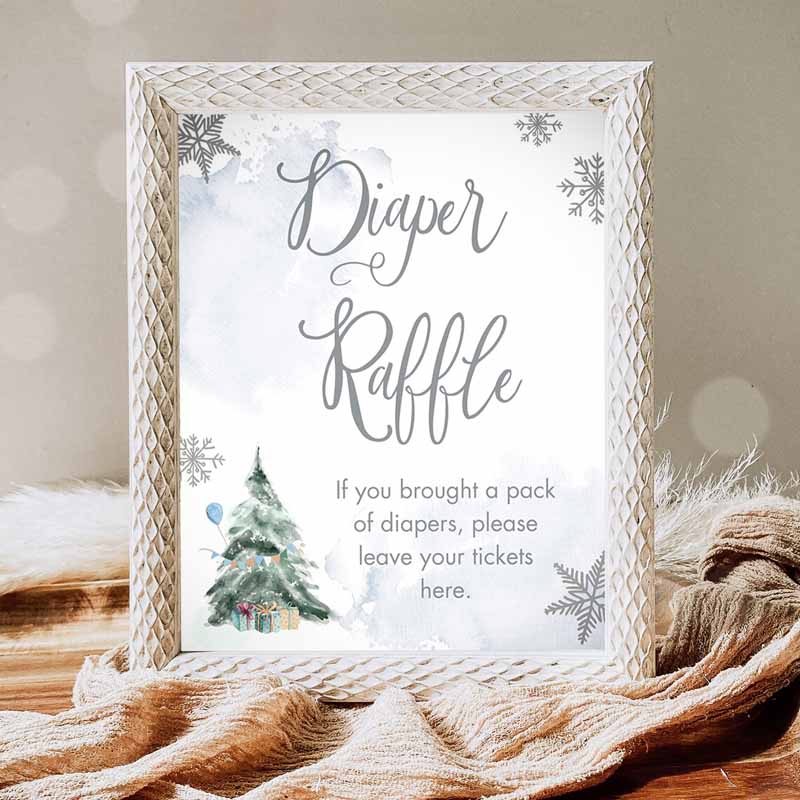 Diaper Raffle Winter Sign, Winter Tree Watercolor Snowflake Baby Shower Sign, Decor Diaper Table Girl Cold Outside Shower