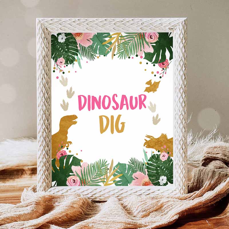 Dino Dig Sign, Table Decor Dinosaur Dig Sign, Prehistoric Party, Girl Pink Gold Favor Table Jungle Dino Party, T-Rex