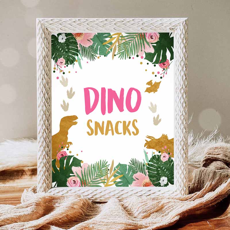 Dino Snacks Sign, Table Decor Dinosaur Sign, Dino Food Sweet Table Prehistoric Party, Girl Pink Gift Table Jungle Leaves Sign