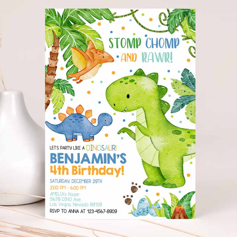 Dinosaur Kids Birthday Invitation, Dinosaur Party, Dinoeme Boy Girl Kids First Jungle Animals Tropical