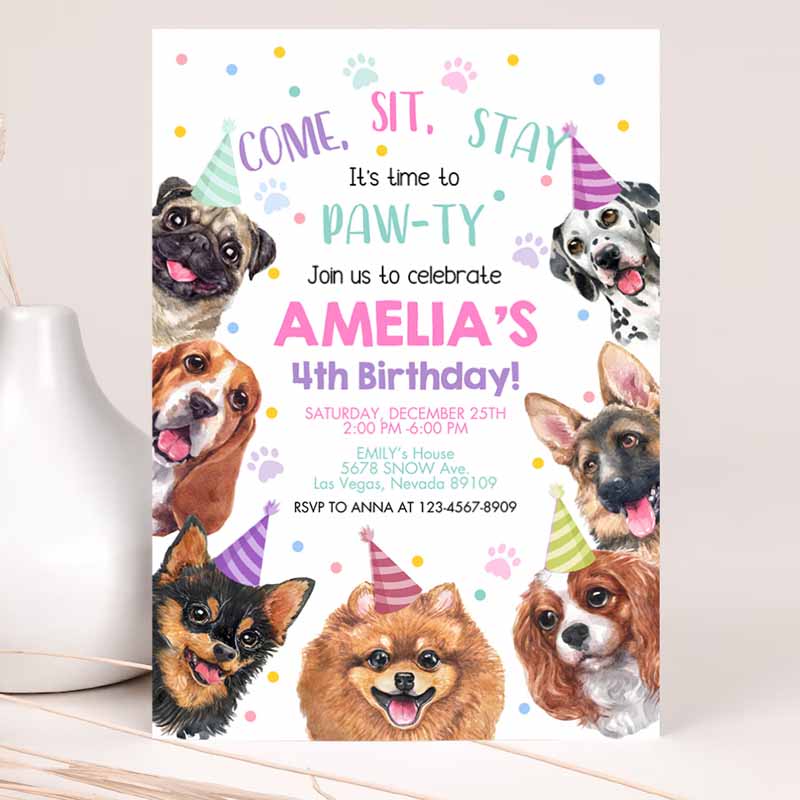 Dog Invitation, Kids Birthday Party, Puppy Pawty Boy Girl First Come SIt'stay Peteme