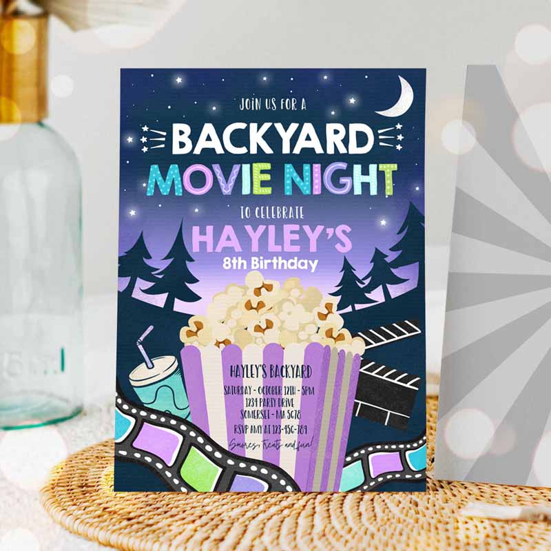 Backyard Movie Night Kids Birthday Invitation, Outdoor Movie Party, Movie Under Thears Party, Movie Sleepover Party