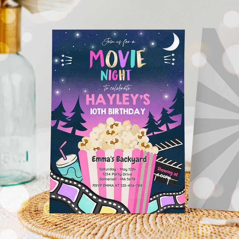 Backyard Movie Night Kids Birthday, Invite Outdoor Movie Party, Movie Under Thears Party, Movie Sleepover Party