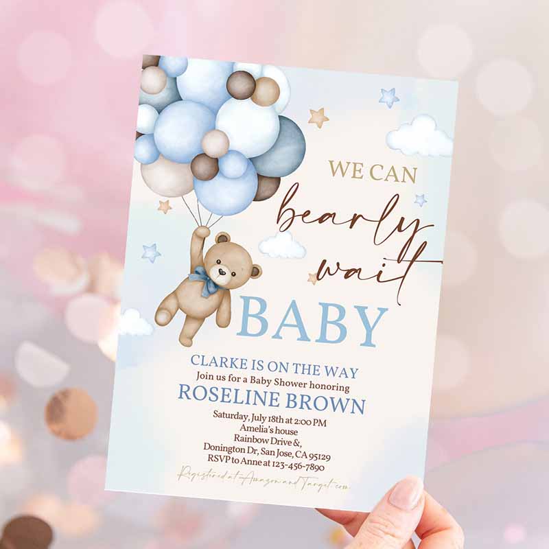 Blue Pampas Grass Teddy Bear Baby Shower Invitation, We Can Bearly Wait Blue Balloons Boho Boy Baby Shower