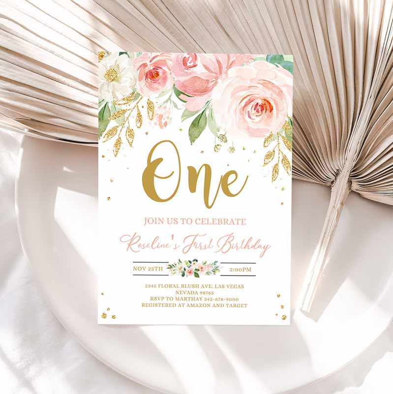 Blush Pink Floral Baby's First Kids Birthday, Invite, Boho Girl Party