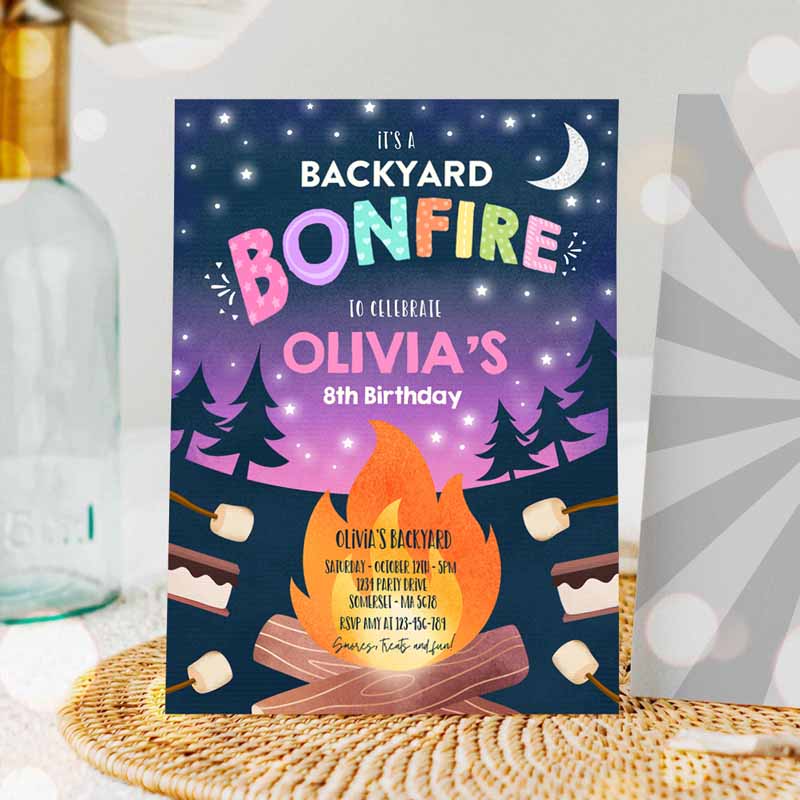 Bonfire Kids Birthday Invitation, S'mores Bonfire Kids Birthday, Invite Backyard Camping S'mores Fun Together Bonfire Party