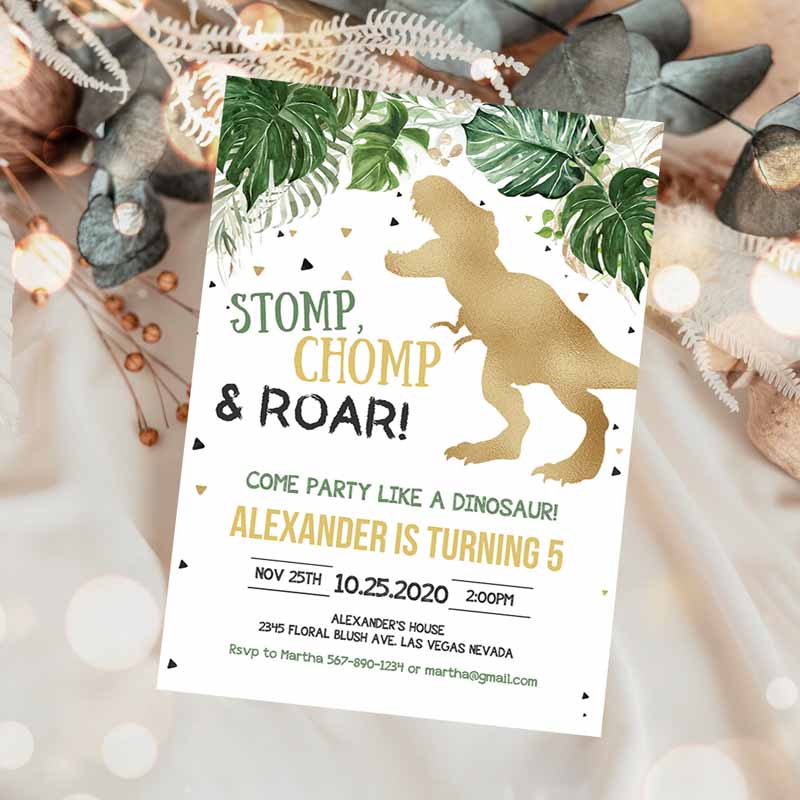 Dinosaur Kids Birthday Invitation, Gold Dinosaur, Dino T-Rex Kids Birthday