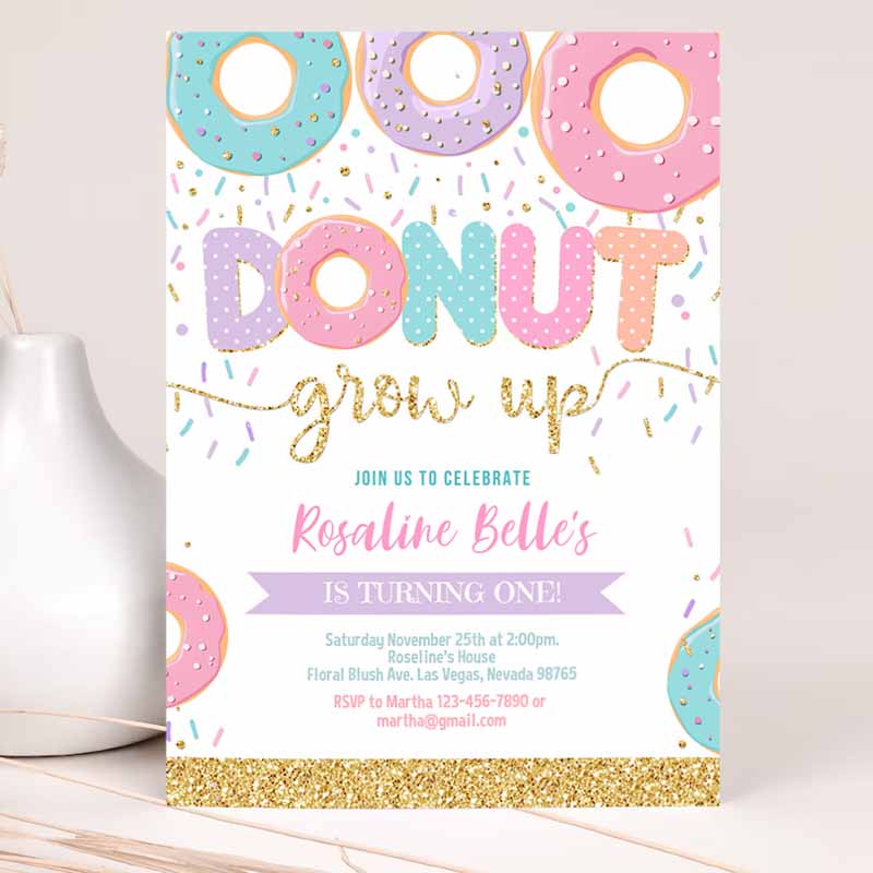 Donut Grow Up Kids Birthday Invitation, Donut Grown Up Invite Donut Kids Birthday, Doughnut Girl