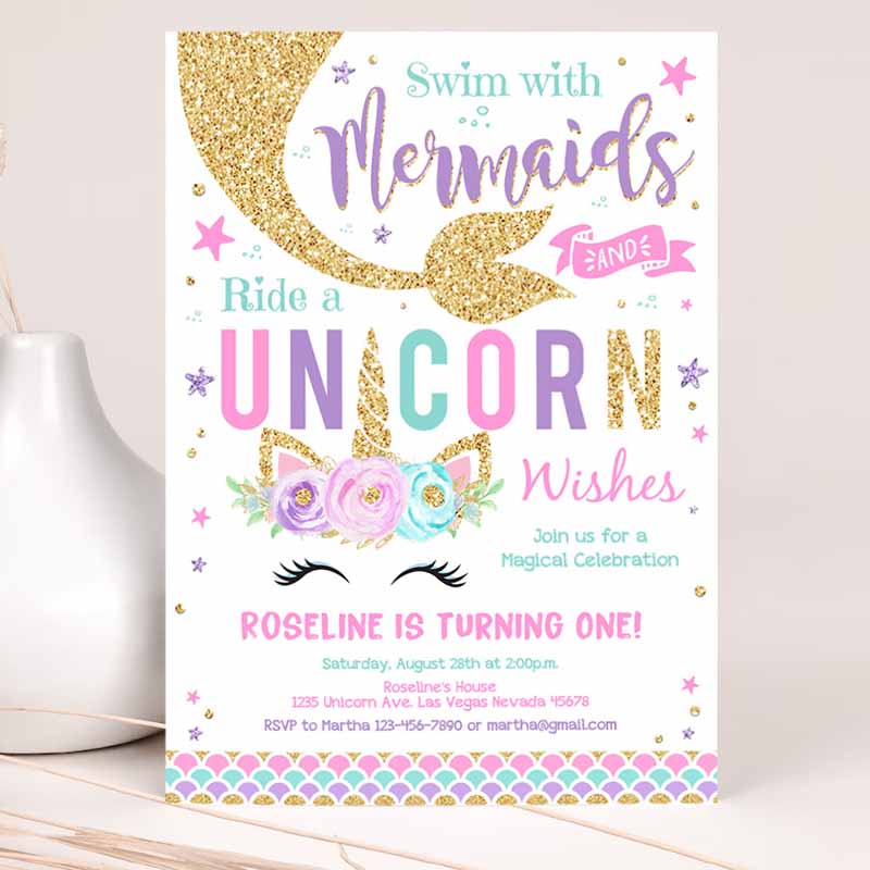 Kisses And Unicorn Wishes Kids Birthday Invitation, Unicorn Mermaid Invite, Unicorn Party