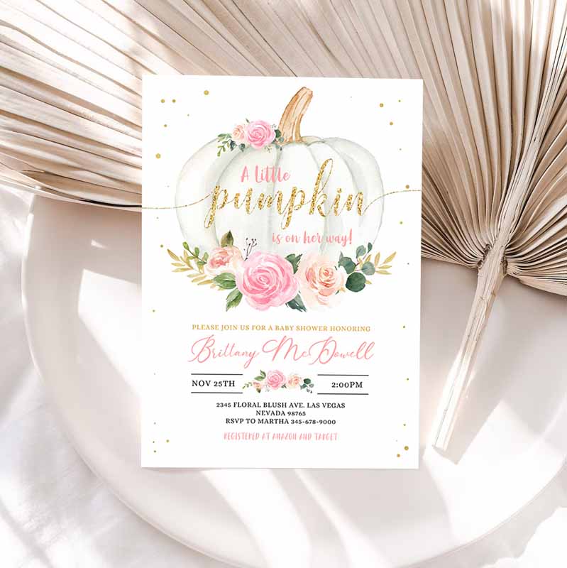 Pumpkin Baby Shower Invitation, Floral Pink and gold Girl little Pumpkin Baby Shower, Fall Autumn