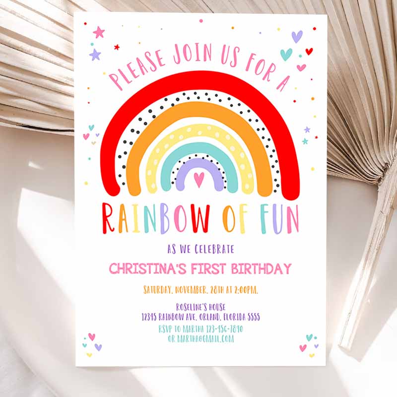 Rainbow Kids Birthday Invitation, Girls Rainbow Party, Gold Rainbow Clouds Rainbow Of Fun