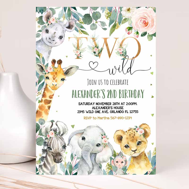 Safari Kids Birthday Invitation, Girl Two Wild Kids Birthday, Invite, Gold Jungle Animals Invitations