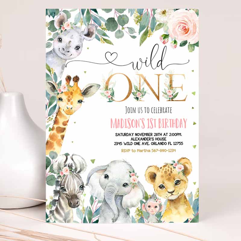 Safari Kids Birthday Invitation, Girl Wild One Kids Birthday, Invite, Gold Jungle Animals Invitations