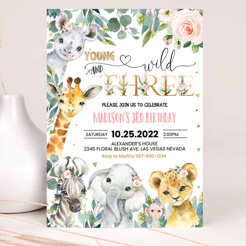 Safari Kids Birthday Invitation, Girl Young Wild and Three Kids Birthday, Invite Jungle Animals