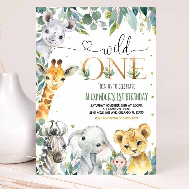 Safari Kids Birthday Invitation, Wild One Kids Birthday, Invite, Gold Jungle Animals Invitations