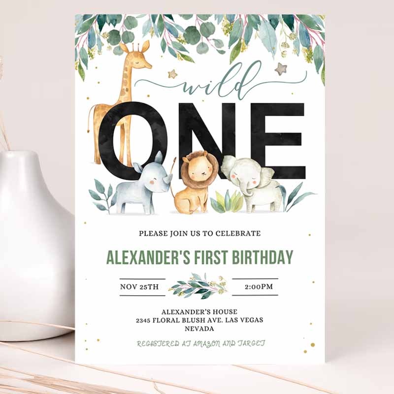 Safari Kids Birthday Invitation, Wild one Boy, Jungle Animals Invitations, Kids Birthday Party