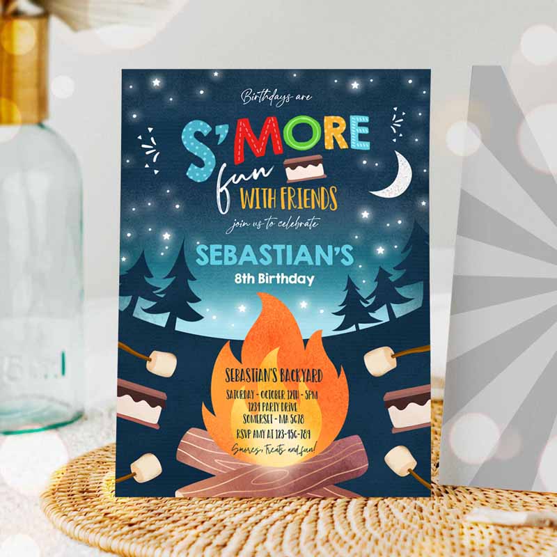 S'mores Kids Birthday Invitation, S'mores Bonfire Kids Birthday, Invite Backyard Camping S'mores Fun Together Bonfire Party