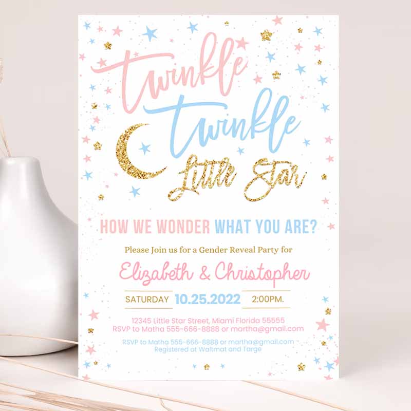 Twinkle Twinkle Littlear Gender Reveal Baby Shower Invitation, Boy Girl Shower Blue Pink