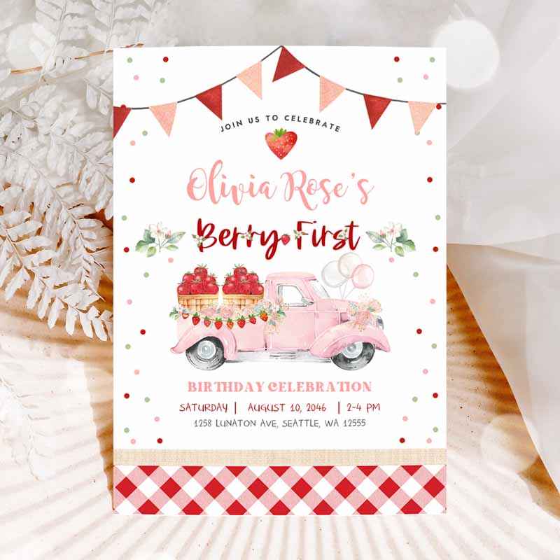 st Berry FirStrawberry Kids Birthday Invitation, Photo Berry Sweet Strawberry Truck