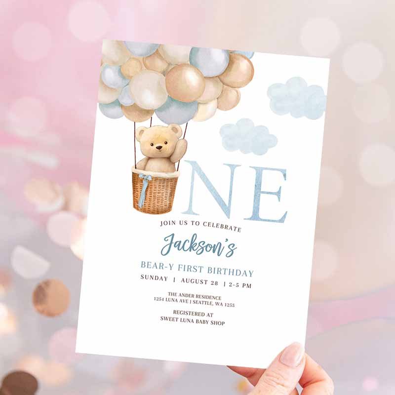 st Kids Birthday, Boy Teddy Bear Hot Air Balloon Kids Birthday Invitation, Beary Kids Birthday