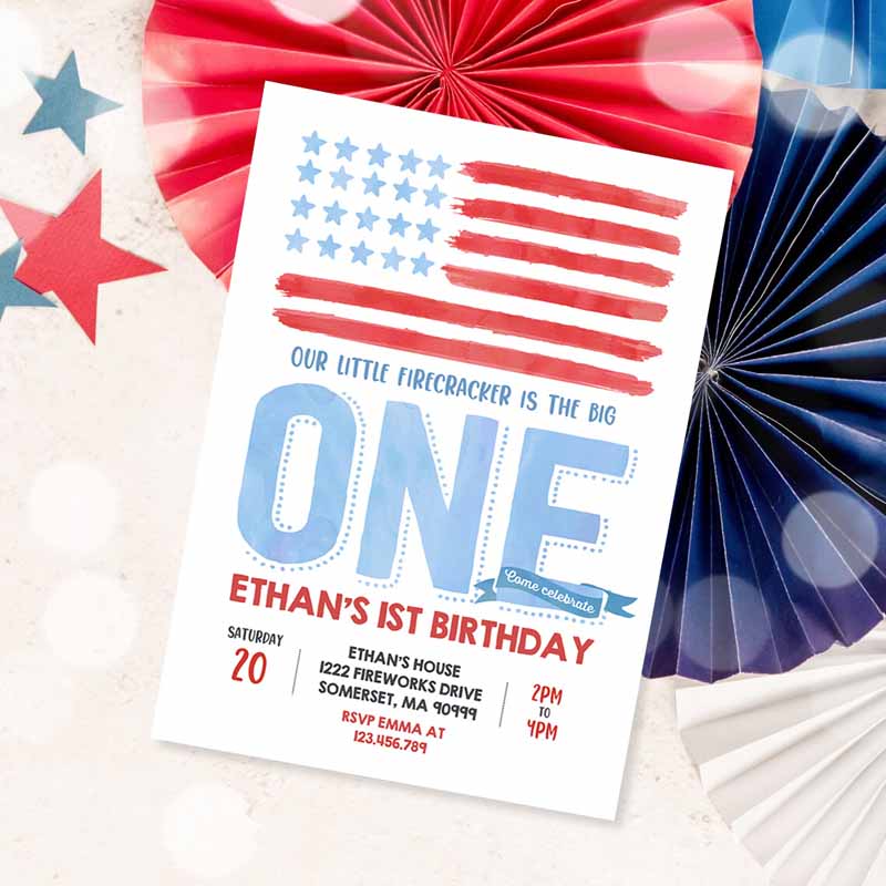 4th Of July Kids Birthday Invitation, 4th Of July Kids Birthday Invitation, Vintage Of July Patriotic Kids Birthday, Red White And Blue