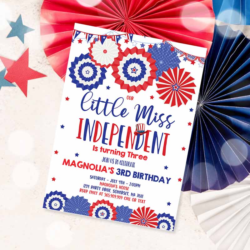 4th Of July Kids Birthday Invitation, 4th Of July Little Miss Independent Kids Birthday Invitation, Memorial Day Kids Birthday