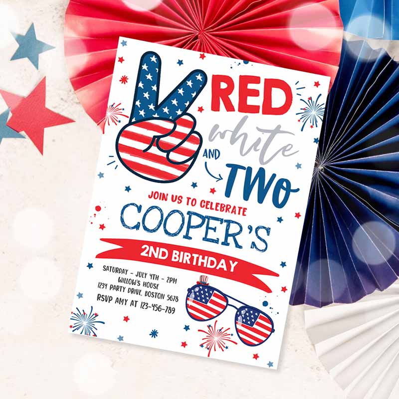 4th Of July Kids Birthday Invitation, 4th Of July Red White And Two Kids Birthday Party, Memorial Day Kids Birthday Party