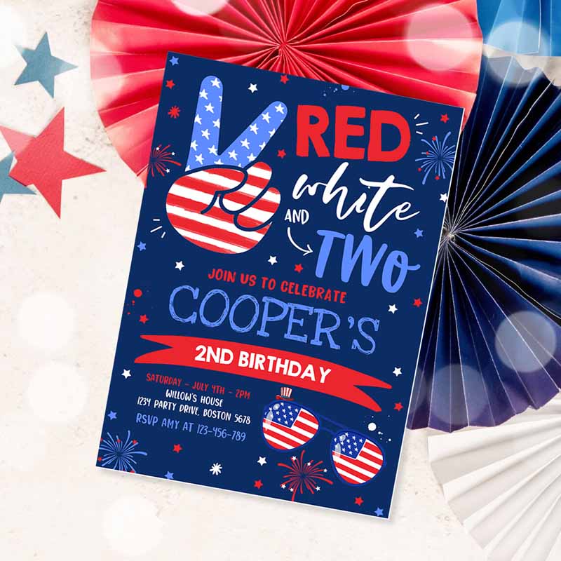 4th Of July Kids Birthday Invitation, 4th Of July Red White And Two Kids Birthday Party, Memorial Day Party