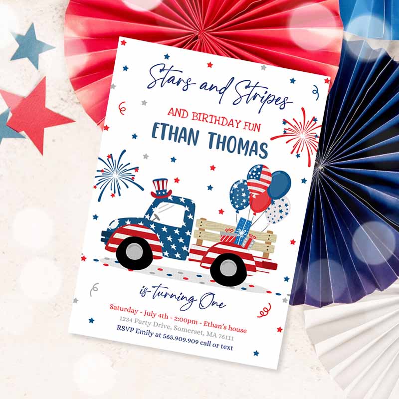 4th Of July Kids Birthday Invitation, 4th Of Julyars &ripe Truck Kids Birthday, Memorial Day Independence Day Party