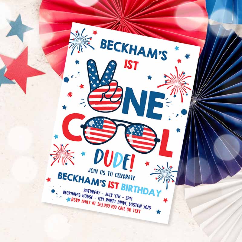 4th Of July Kids Birthday Invitation, One Cool Dude Of July Kids Birthday Invitation, Memorial Day Kids Birthday Party